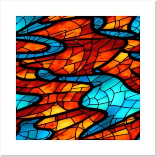 Stained Glass design pattern, seamless, red fire tone, geometrical, abstract design. Posters and Art